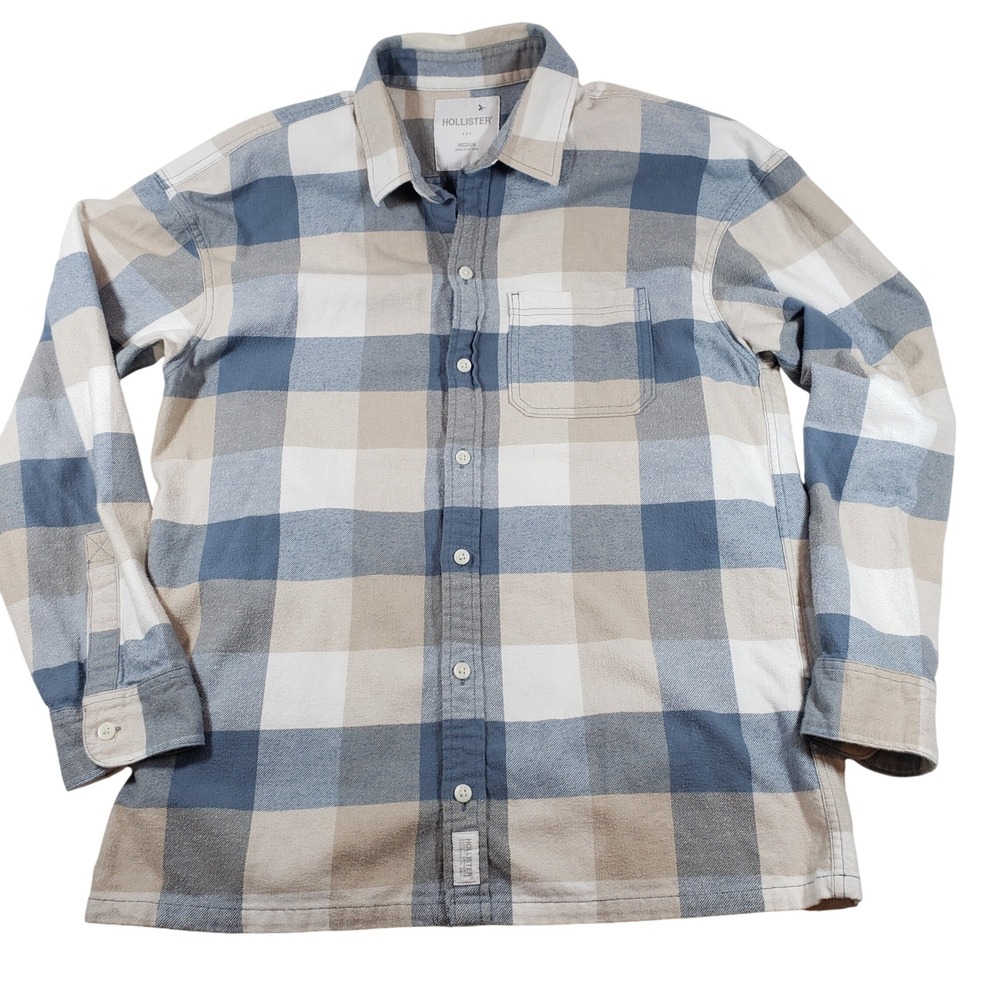 Hollister Flannel Shirt Mens Medium Blue Beige‎ Plaid Long Sleeve Button Up